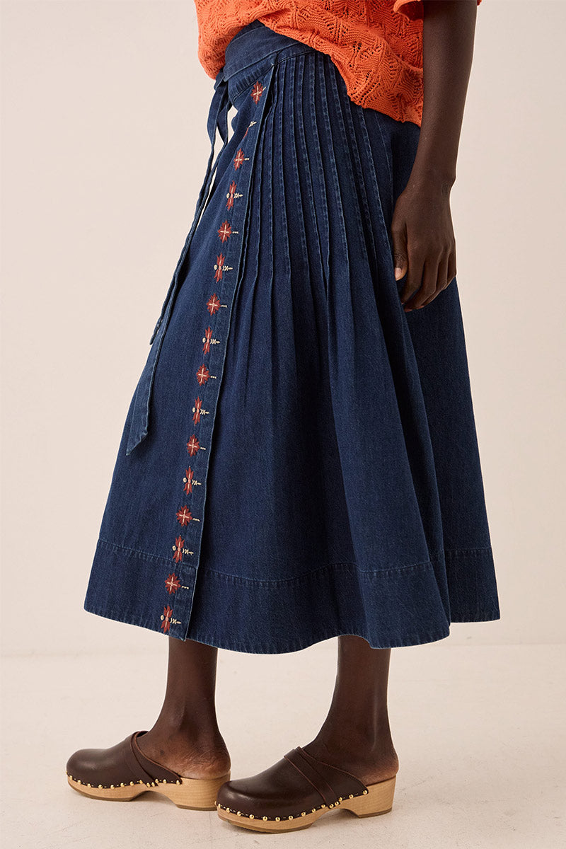 Marion Denim Wrap Embroidered Skirt
