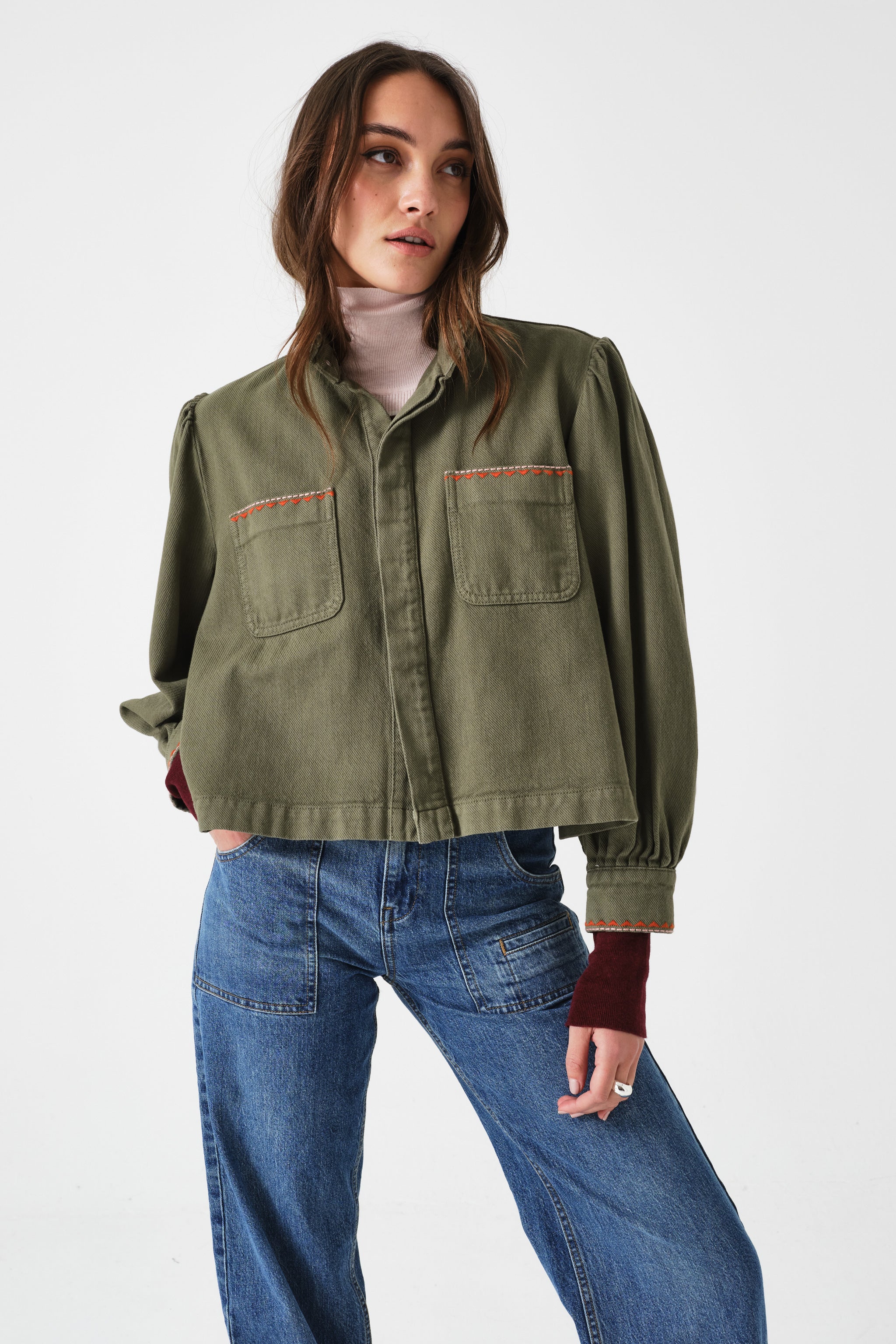 Ziggy Cropped Denim Jacket in Khaki - seventy + mochi