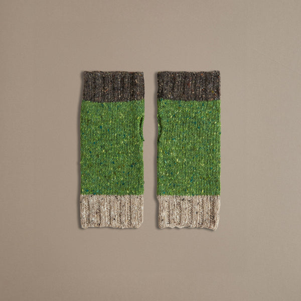 British Made Donegal Wool Wrist Warmers in Leaf Green, Grey and Natural