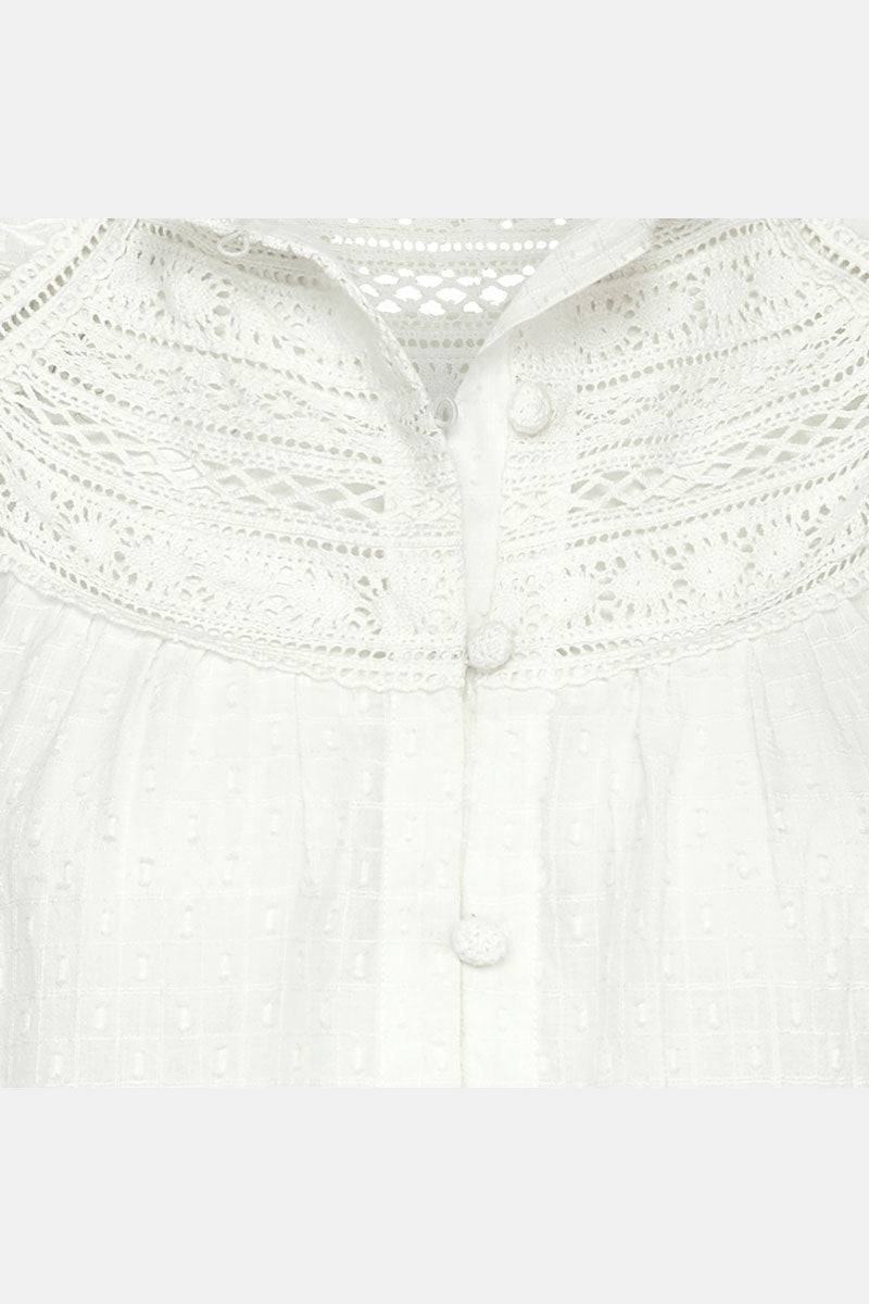 Front detail of Juliette White Cotton Embroidered Blouse by East.co.uk