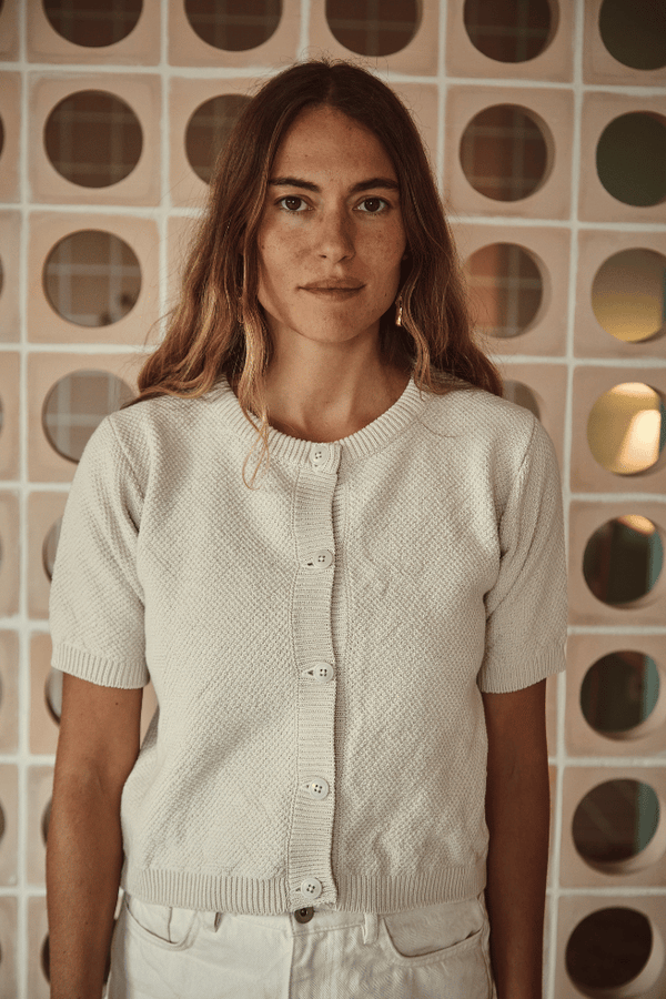 SARAH 100% Organic Cotton Short Sleeve Cardigan in Off-White - L'Envers