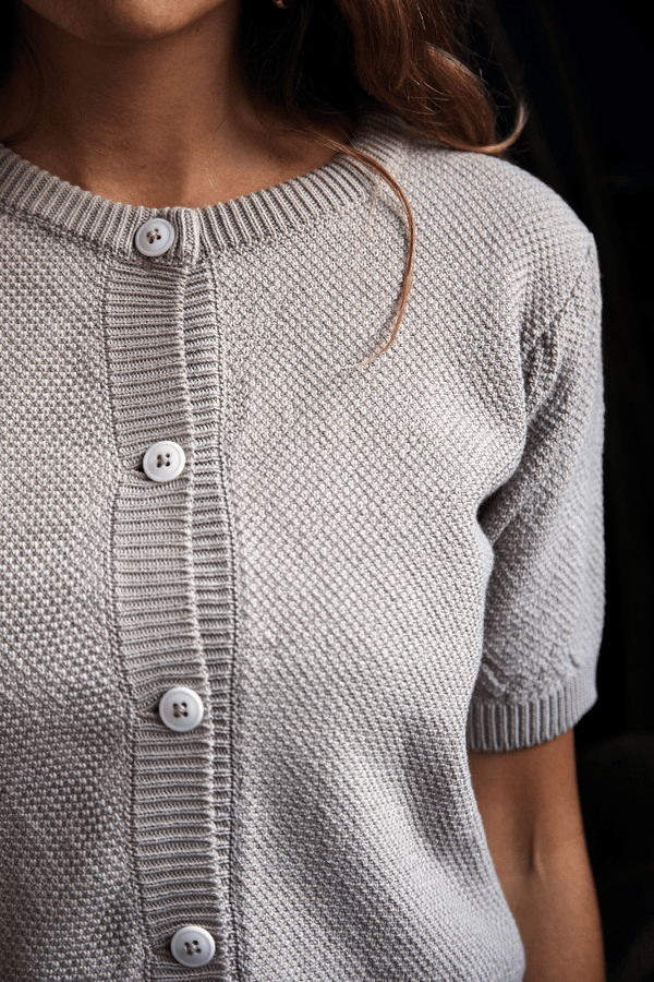 SARAH 100% Organic Cotton Short Sleeve Cardigan in Pearl Grey - L'Envers