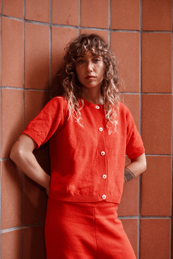 SARAH 100% Organic Cotton Short Sleeve Cardigan in Red - L'Envers