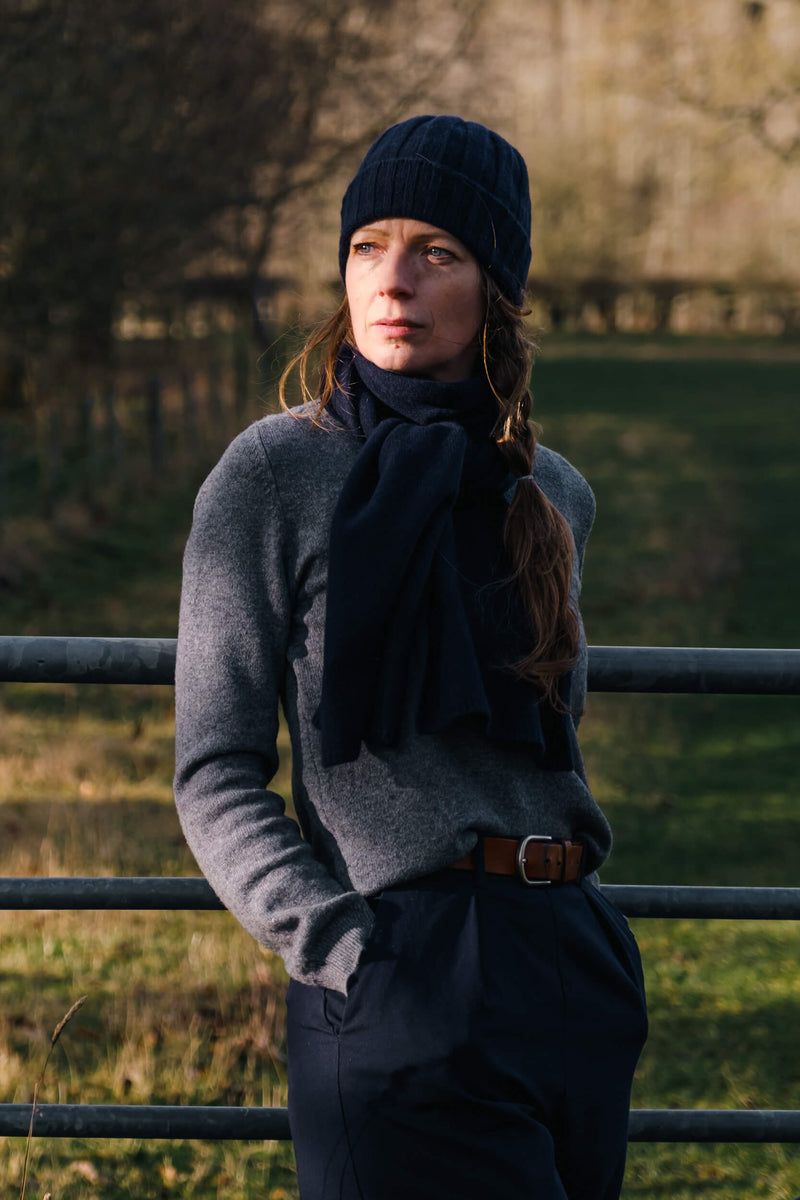 Linnhe beanie is made in Scotland with the finest quality Italian recycled cashmere, our yarn is created with respect for the environment. Crafted for the perfect fit, the Linnhe beanie has a wide rib and contrast ribbed trim. Timeless, sustainable luxury essentials.
