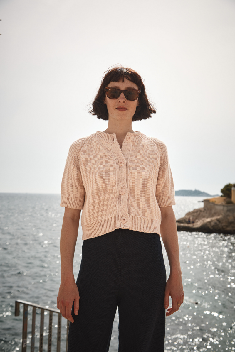 CLARISSE Short-Sleeve Cardigan in Organic Cotton - Powder Pink