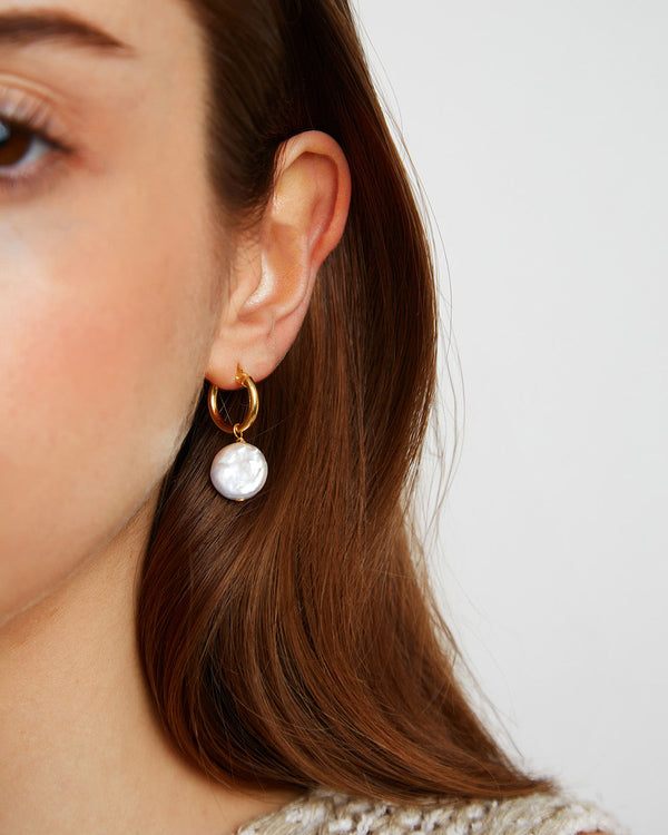Round Pearl Drop Hoops: Gold