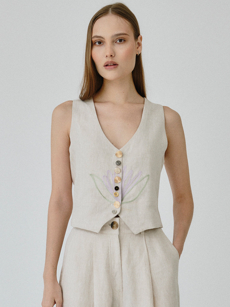 Women's Linen Waistcoat in Beige Floral Co-ord Set | Daphne | Fanfare