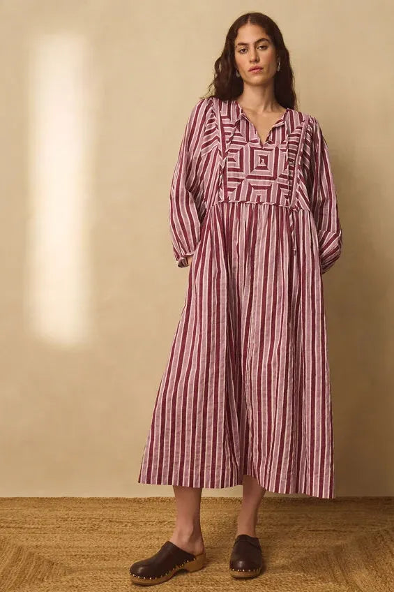 East Vika Hand-Woodblock Stripe Midi Dress Red