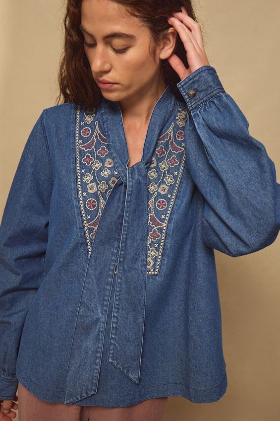 East Dolie Embroidered Denim Blouse Blue