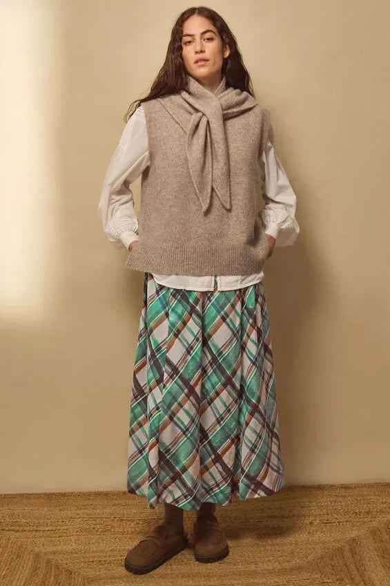 East Clarissa Hand-Painted Check Print Midi Skirt Teal