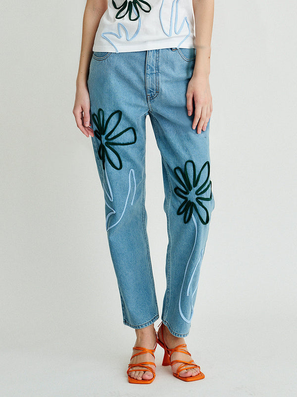 Women's Floral Embroidered Blue Jeans | Sustainable | Fanfare