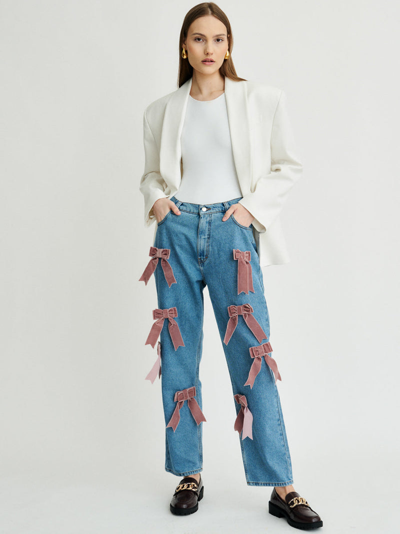 Women's Blue Denim Jeans with Velvet Bows | Sustainable | Eden | Fanfare