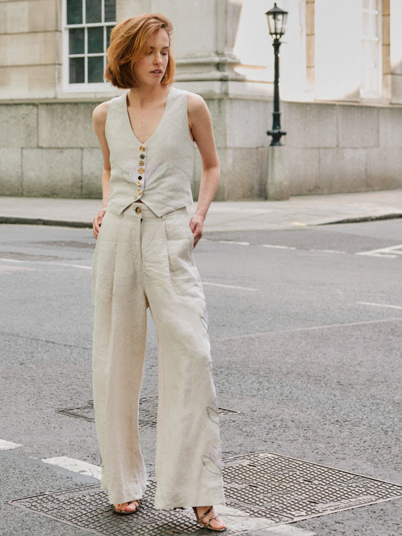 Women's Linen Waistcoat in Beige Floral Co-ord Set | Daphne | Fanfar