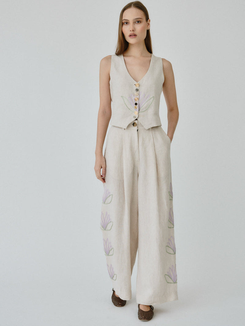 Women's Linen Waistcoat in Beige Floral Co-ord Set | Daphne | Fanfar