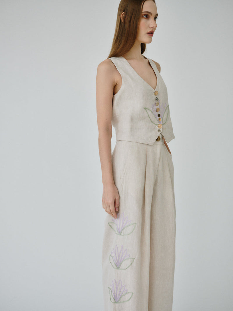 Women's Linen Trousers in Beige Floral | Celeste | Fanfar