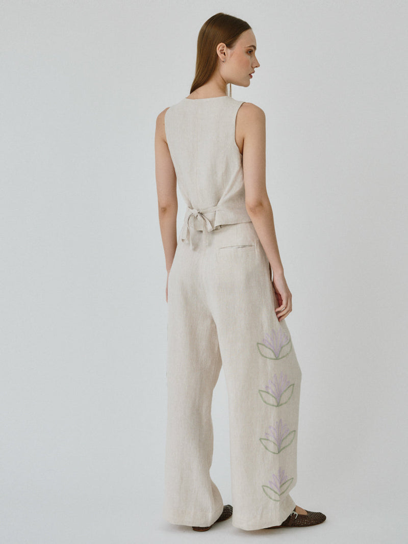 Women's Linen Trousers in Beige Floral | Celeste | Fanfar