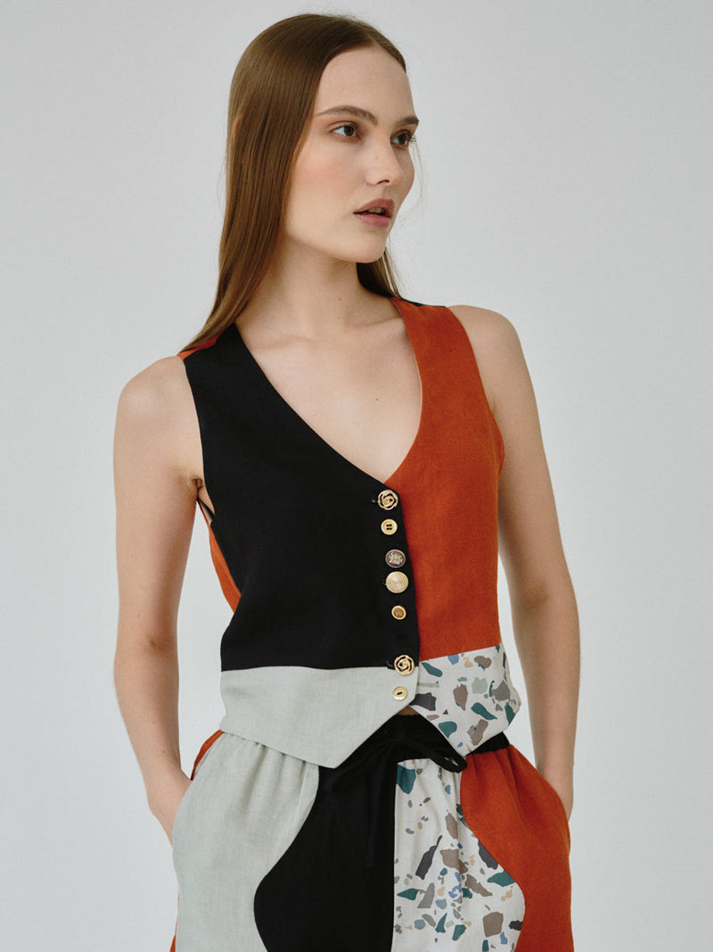 Women's Linen Waistcoat in Orange & Black Co-ord Set | Daphne | Fanfare