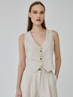 Women's Linen Waistcoat in Beige Co-ord Set | Celeste | Fanfare