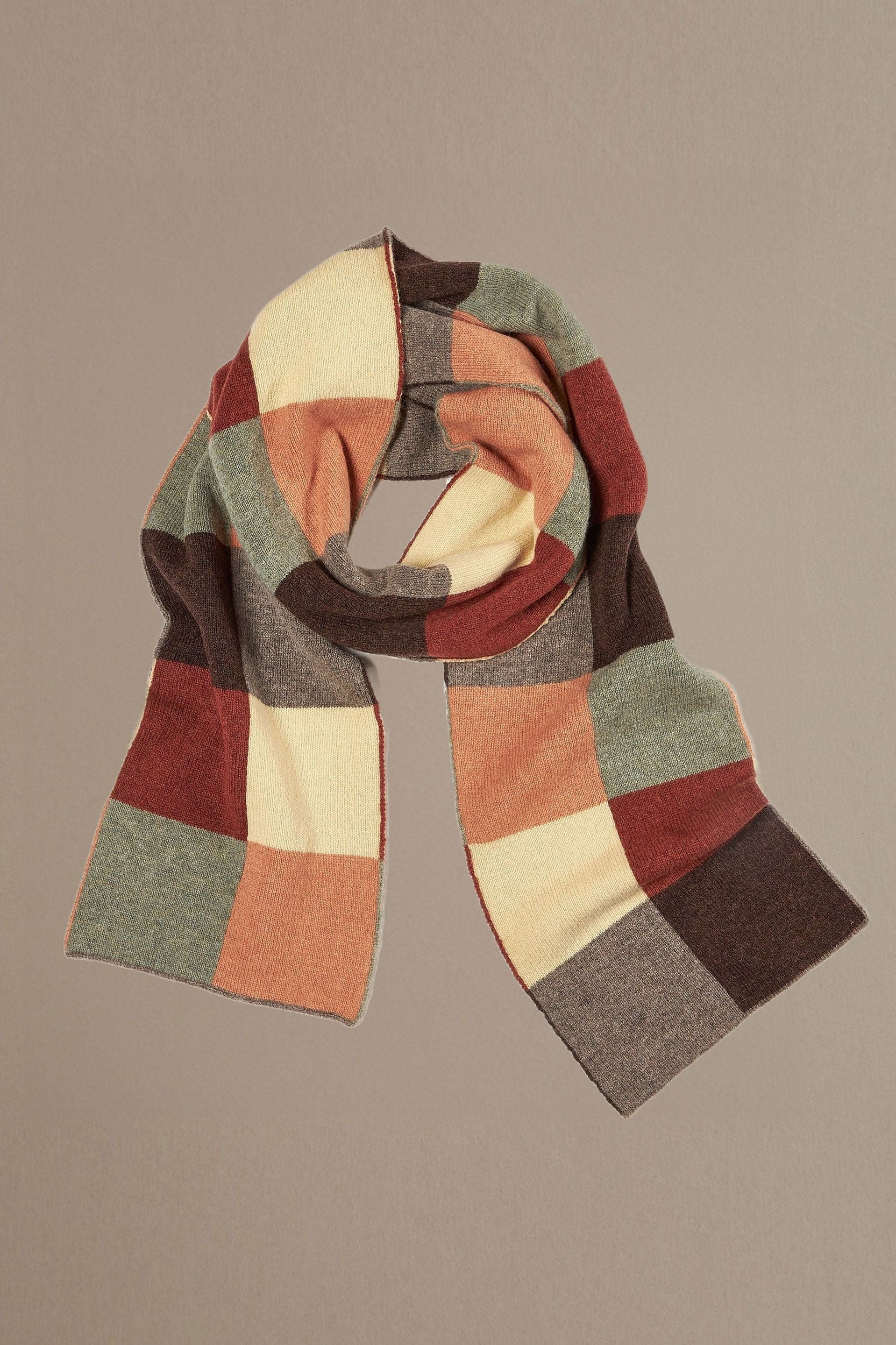 Wool chequerboard scarf in rust and brown mens and womens
