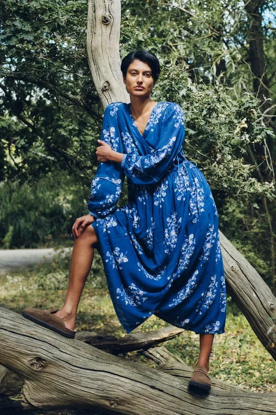 East Kerstin Floral Print Midi Wrap Dress Blue