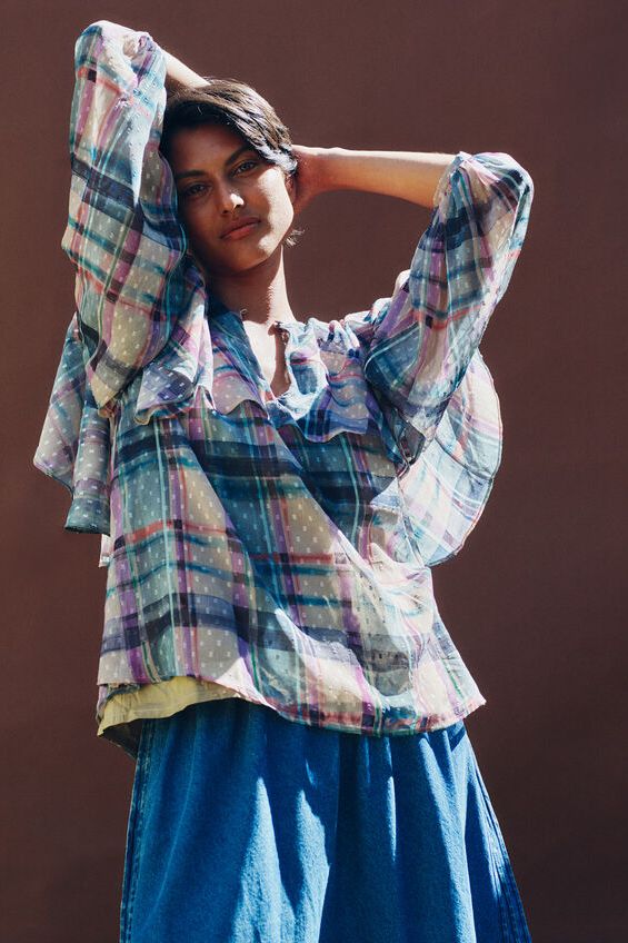East Clarissa Hand-Painted Check Print Blouse Teal
