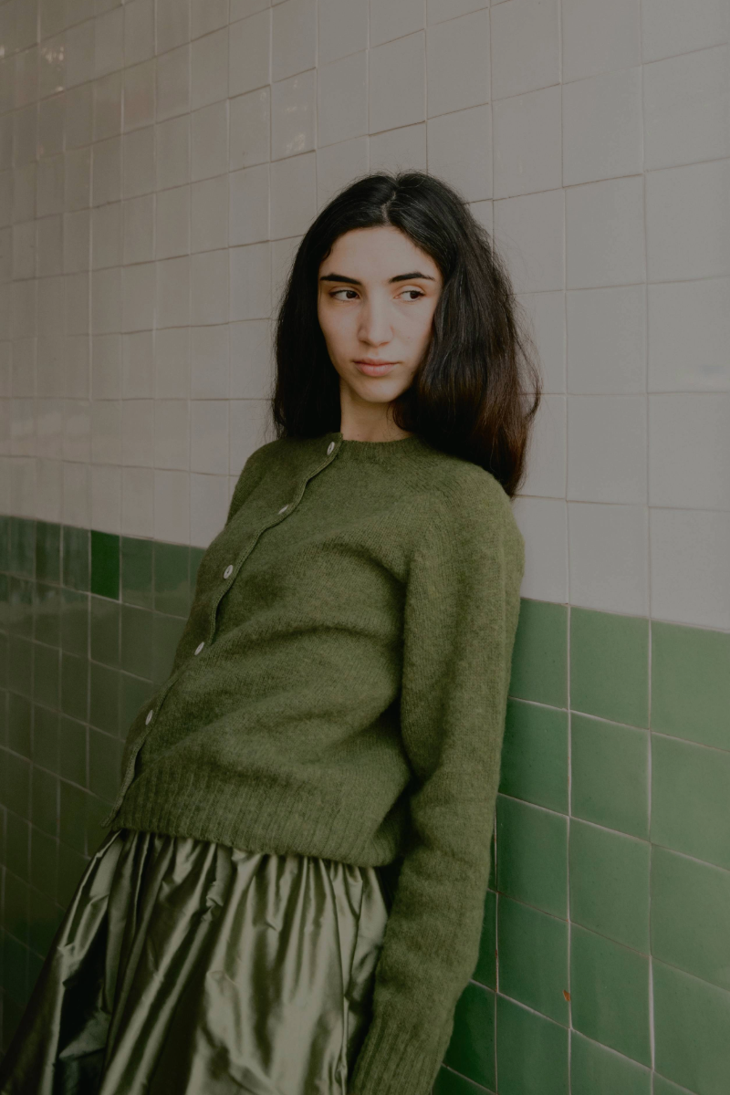 Ada Lambswool Cardigan Moss Green - Sustainable Knitwear UK