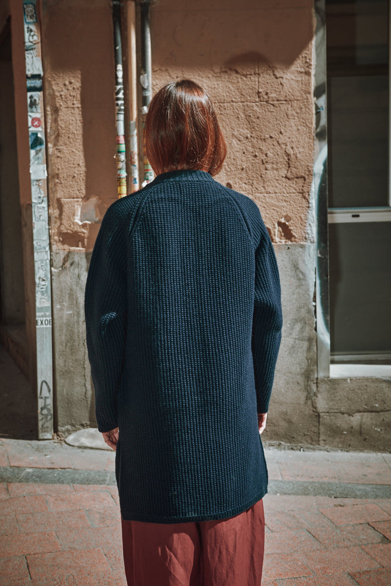 AGATHE Long Knit Jacket in Merino Wool - Navy
