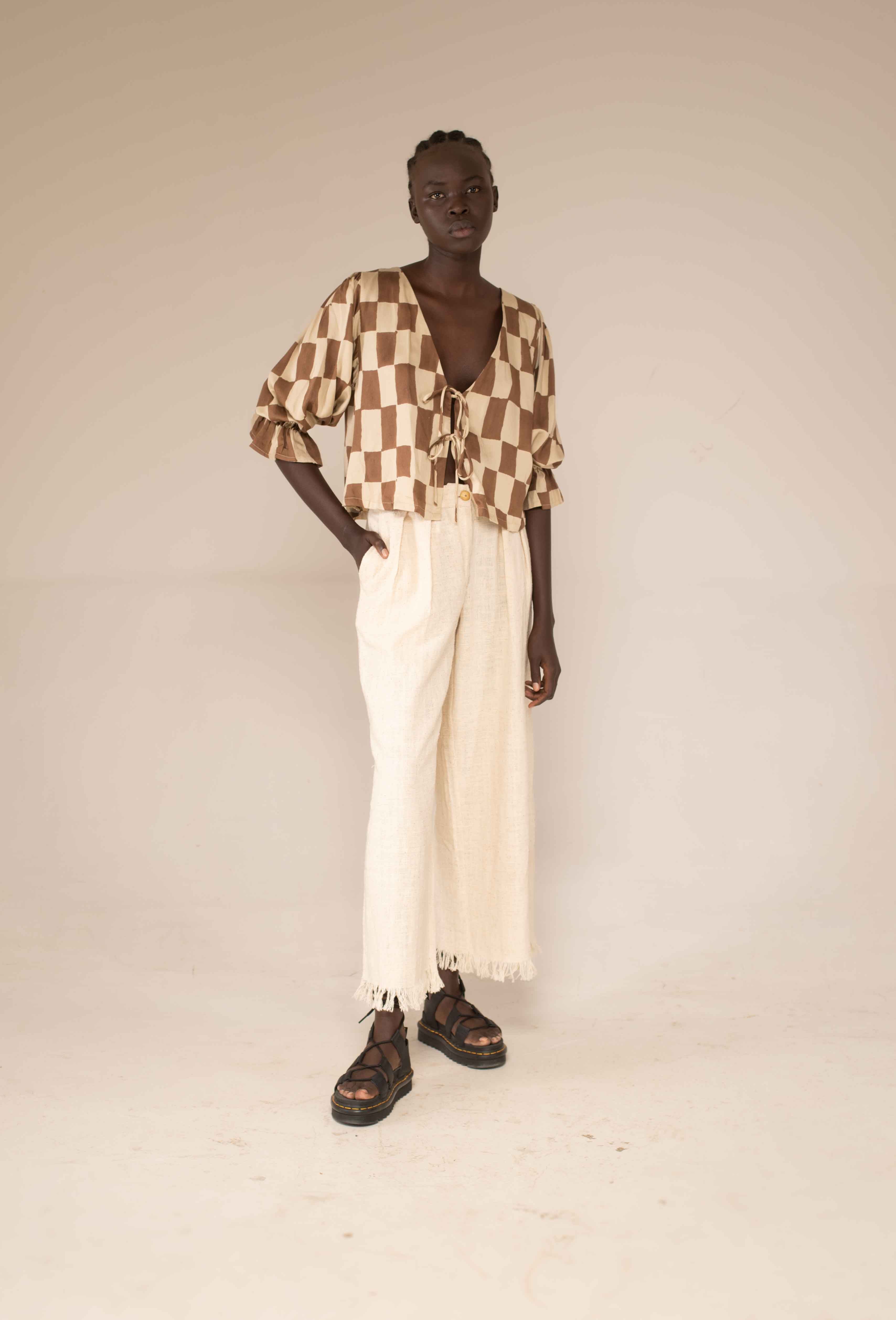 Tie front top - Block print mocha