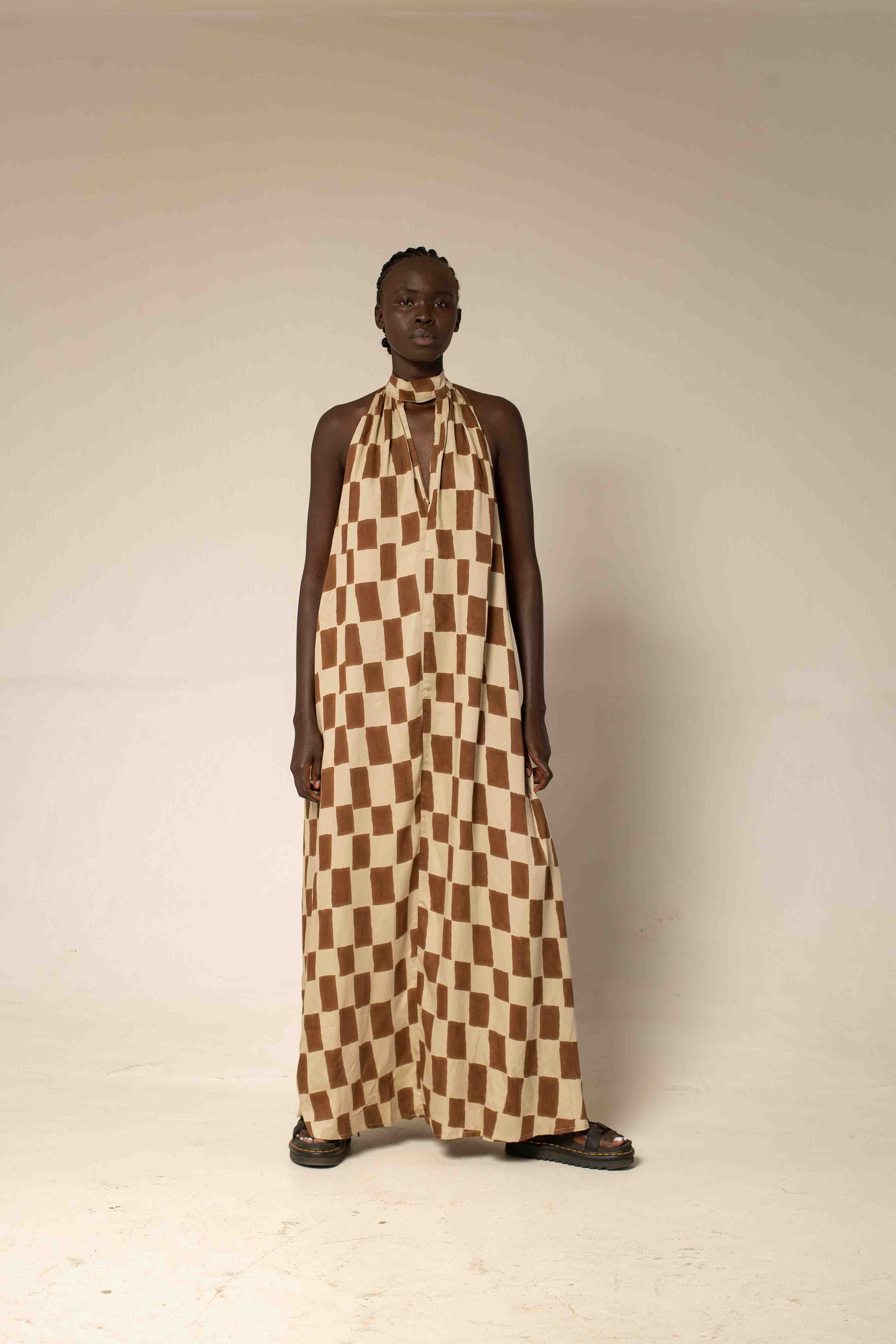 Halter neck dress - Block print mocha