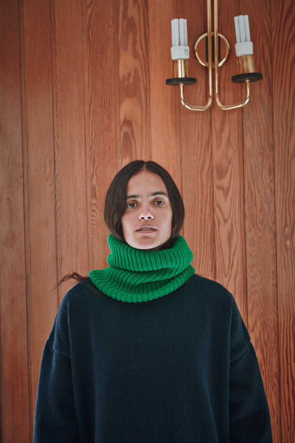 woman wearing the AMANDINE L'ENVERS Parrot Green with a blue pullover