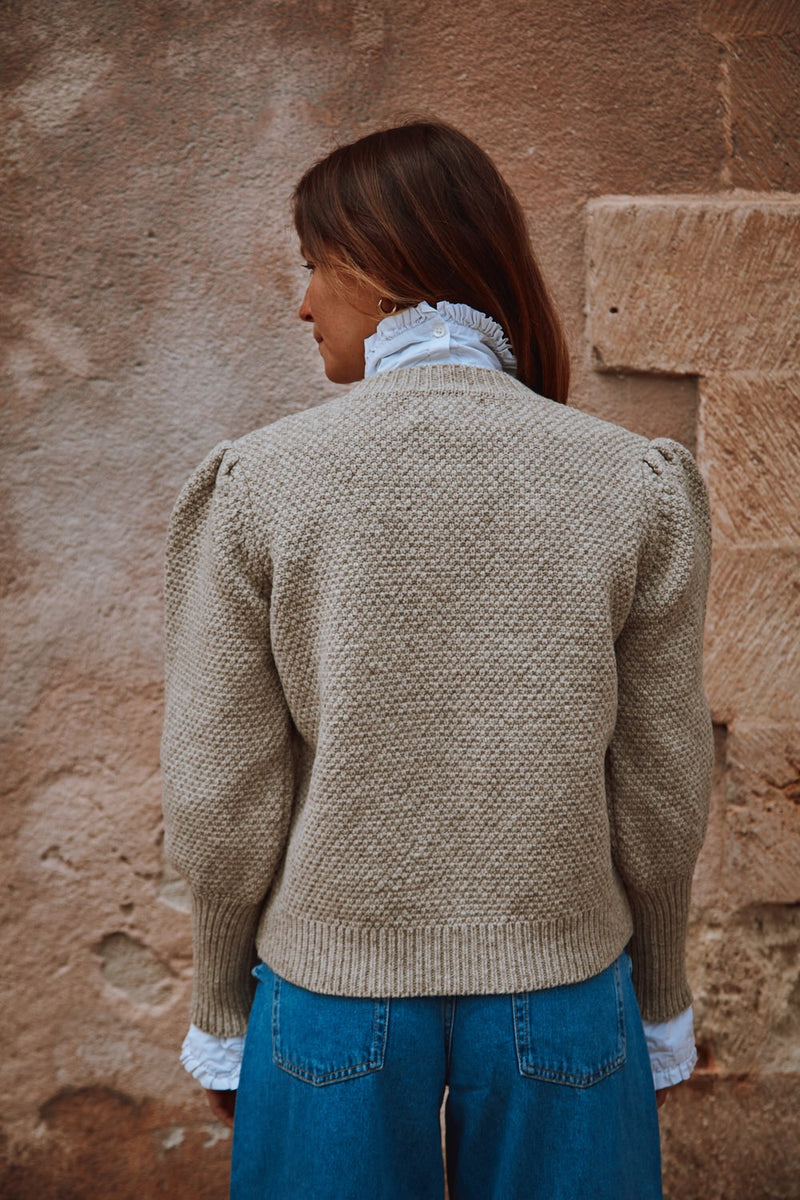 ANAIS Puff Sleeve Cardigan in Merino Wool - Beige - Spanish Merino Wool Cardigan - L'Envers