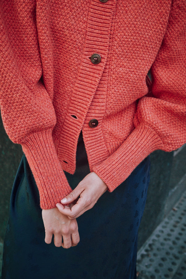 ANAIS Puff Sleeve Cardigan in Merino Wool - Coral