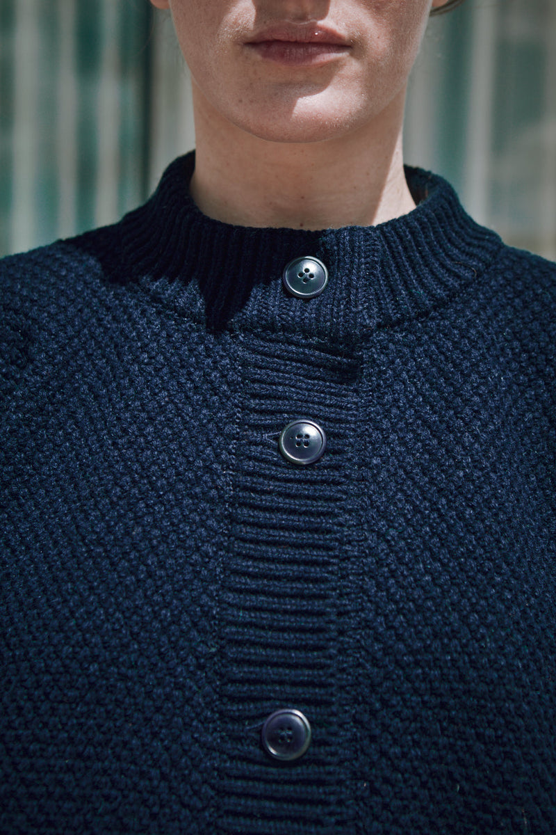 ANAIS Puff Sleeve Cardigan in Merino Wool - Navy