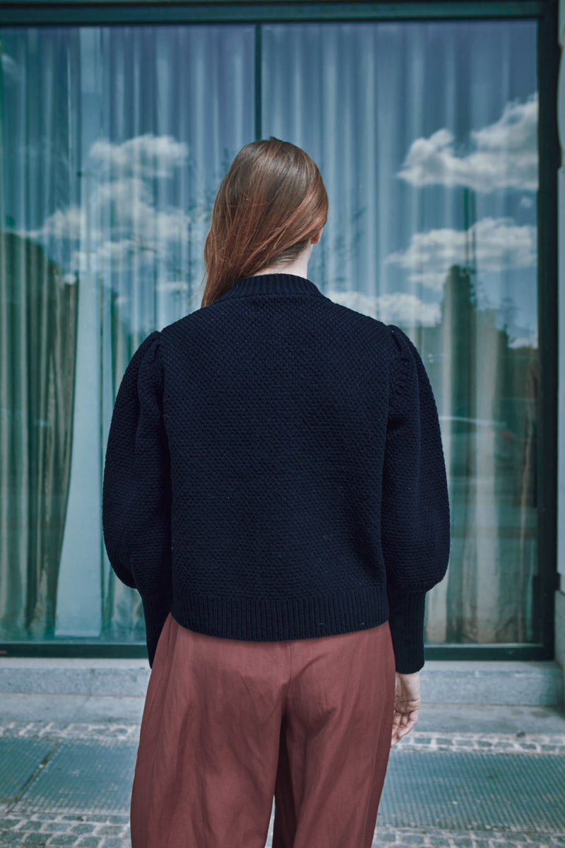 ANAIS Puff Sleeve Cardigan in Merino Wool - Navy