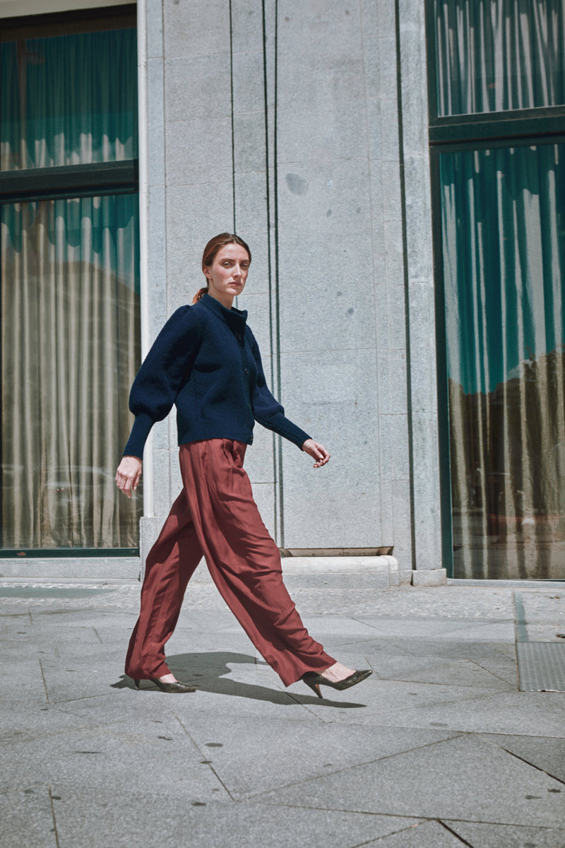 ANAIS Puff Sleeve Cardigan in Merino Wool - Navy