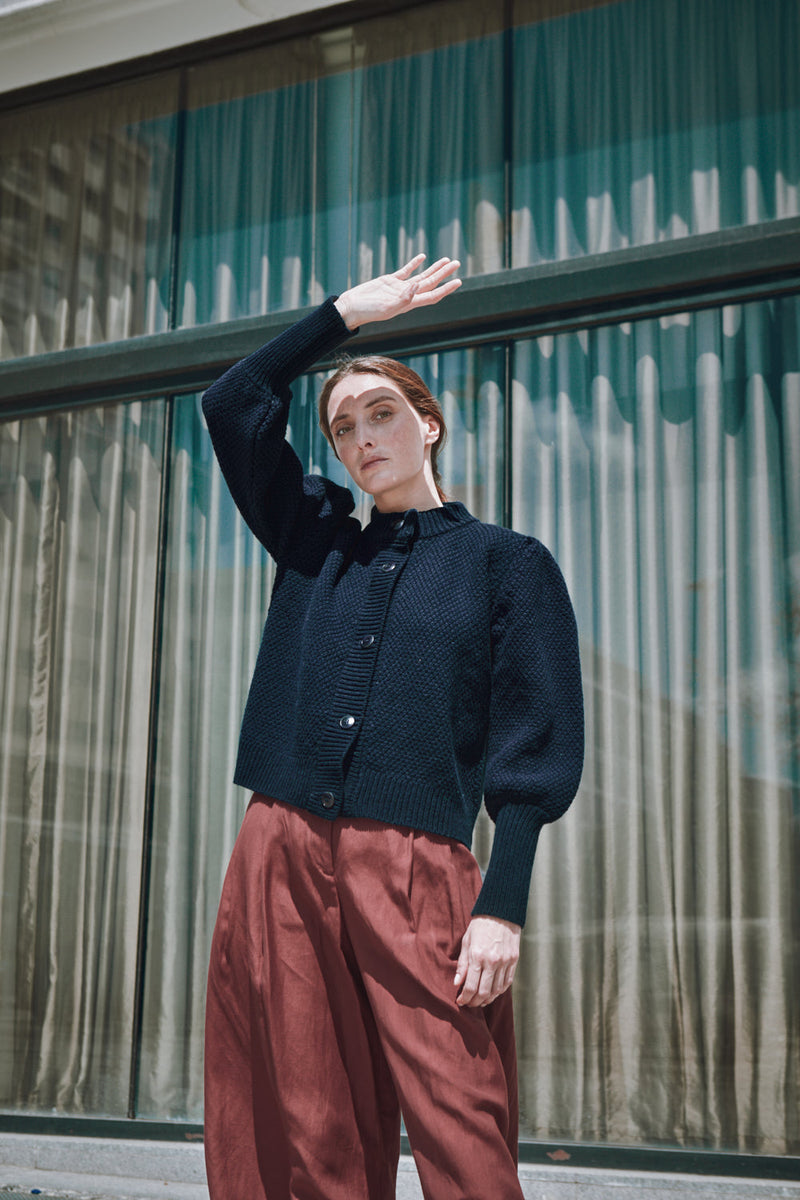 ANAIS Puff Sleeve Cardigan in Merino Wool - Navy