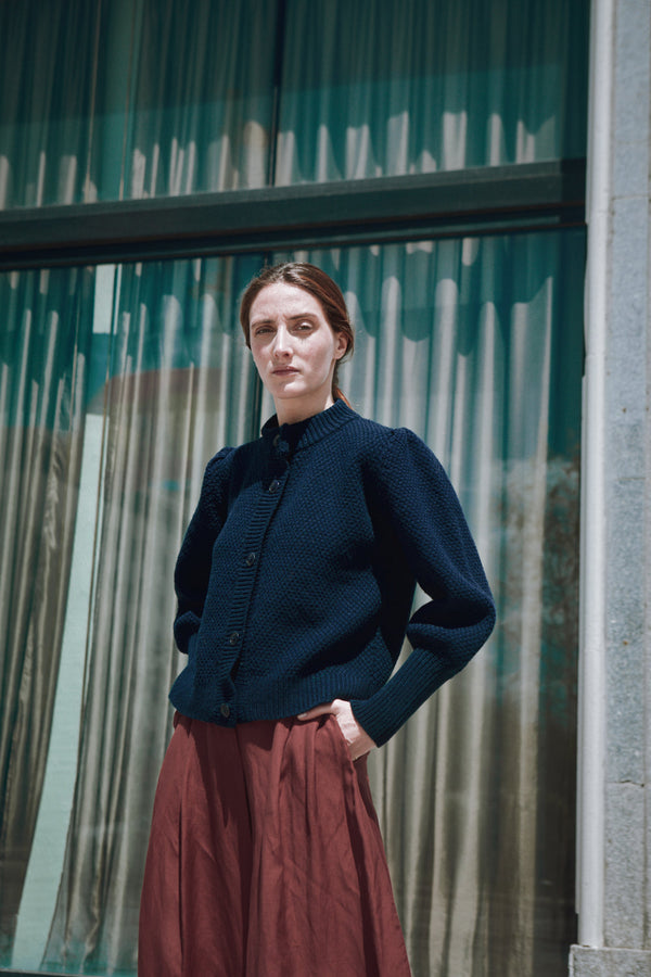 ANAIS Puff Sleeve Cardigan in Merino Wool - Navy