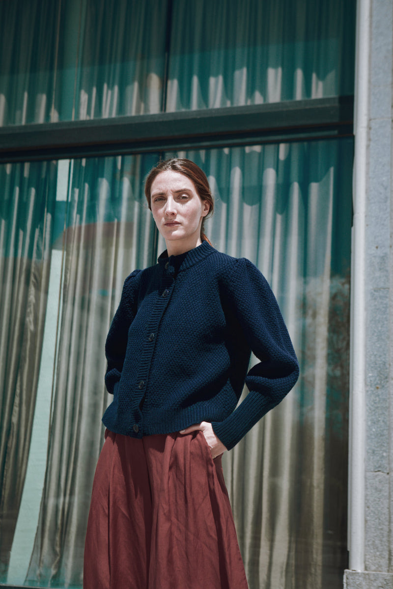 ANAIS Puff Sleeve Cardigan in Merino Wool - Navy