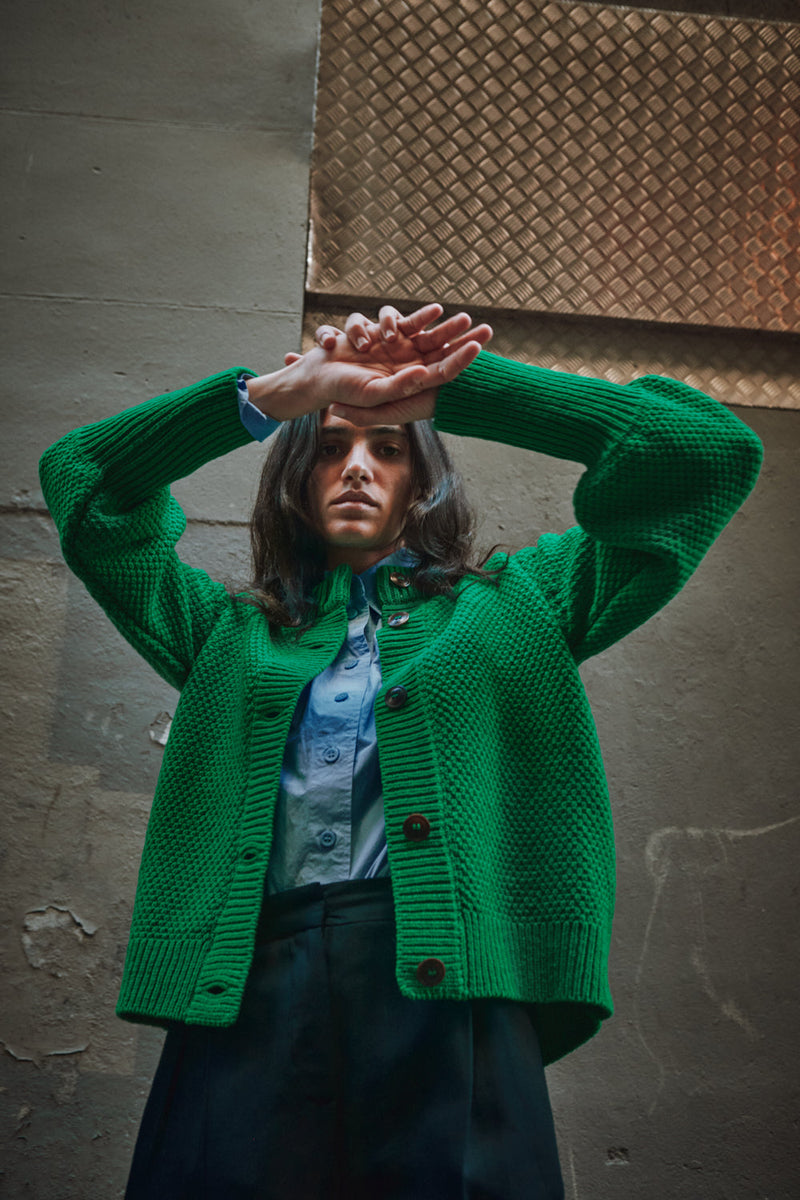 ANAIS Puff Sleeve Cardigan in Merino Wool - Parrot Green