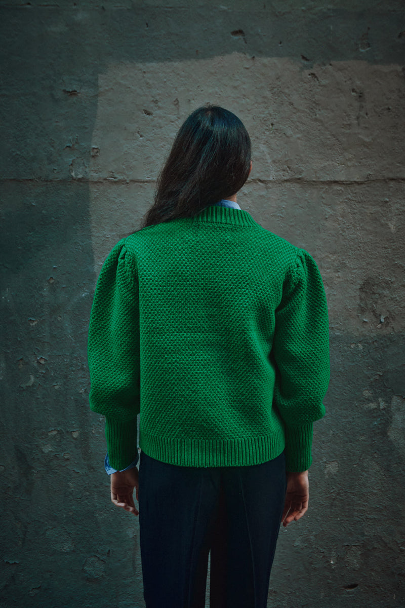 ANAIS Puff Sleeve Cardigan in Merino Wool - Parrot Green