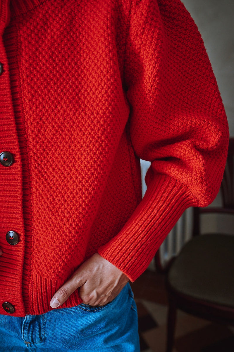 ANAIS Puff-Sleeve Cardigan in Merino Wool - Red - Spanish Merino Wool Cardigan - L'Envers