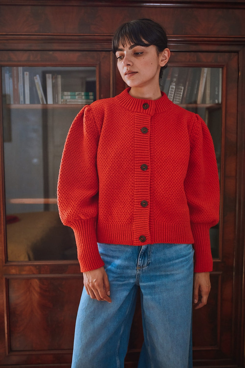 ANAIS Puff-Sleeve Cardigan in Merino Wool - Red - Spanish Merino Wool Cardigan - L'Envers