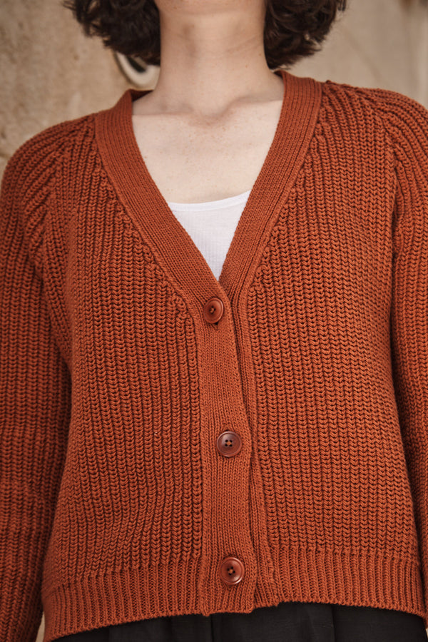 ANNA V-Neck Cardigan in Merino Wool - Earth Red