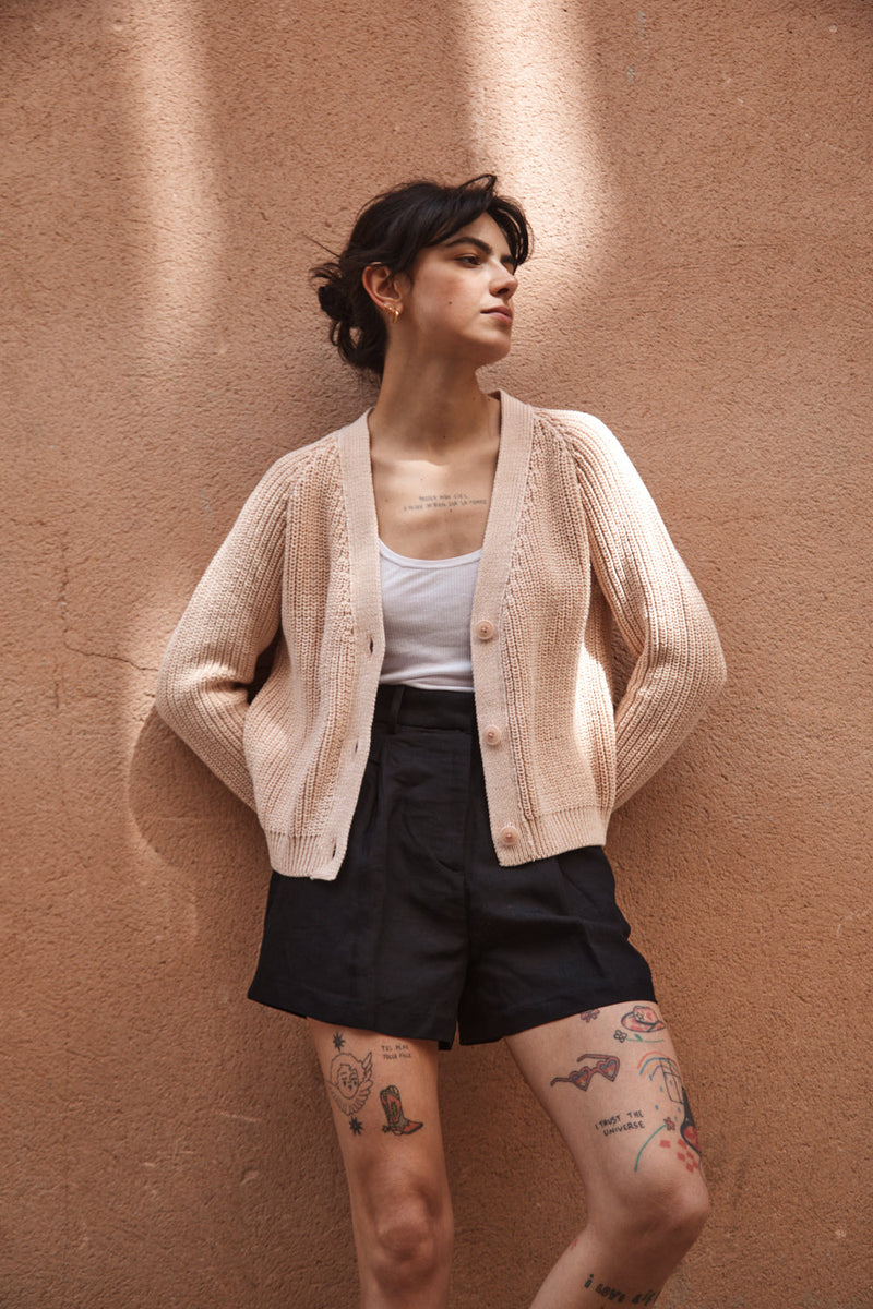 ANNA V-Neck Cardigan in Merino Wool - Powder Pink