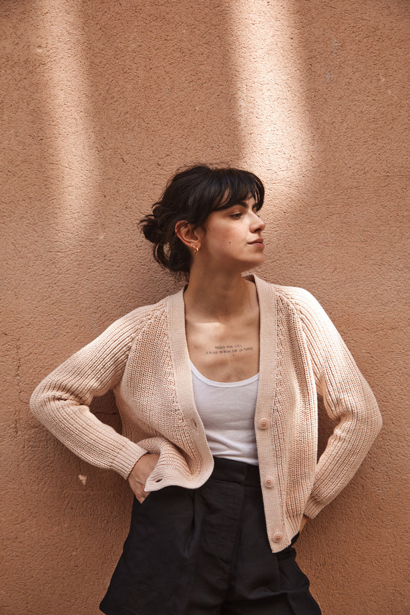 ANNA V-Neck Cardigan in Organic Cotton - Powder Pink