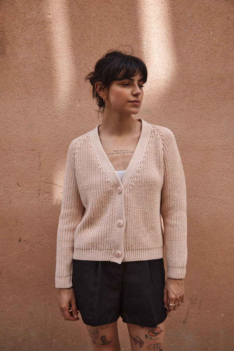 ANNA V-Neck Cardigan in Organic Cotton - Powder Pink