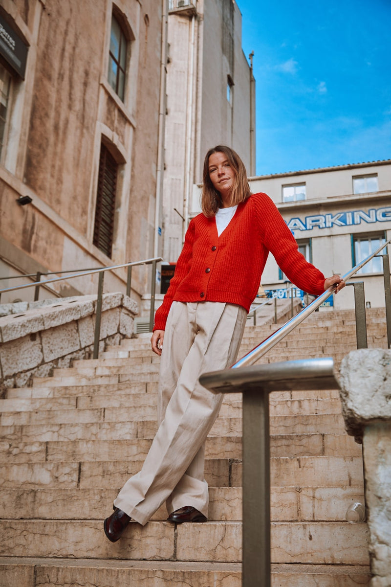 ANNA V-Neck Cardigan in Merino Wool - Red - Spanish Merino Wool Cardigan - L'Envers