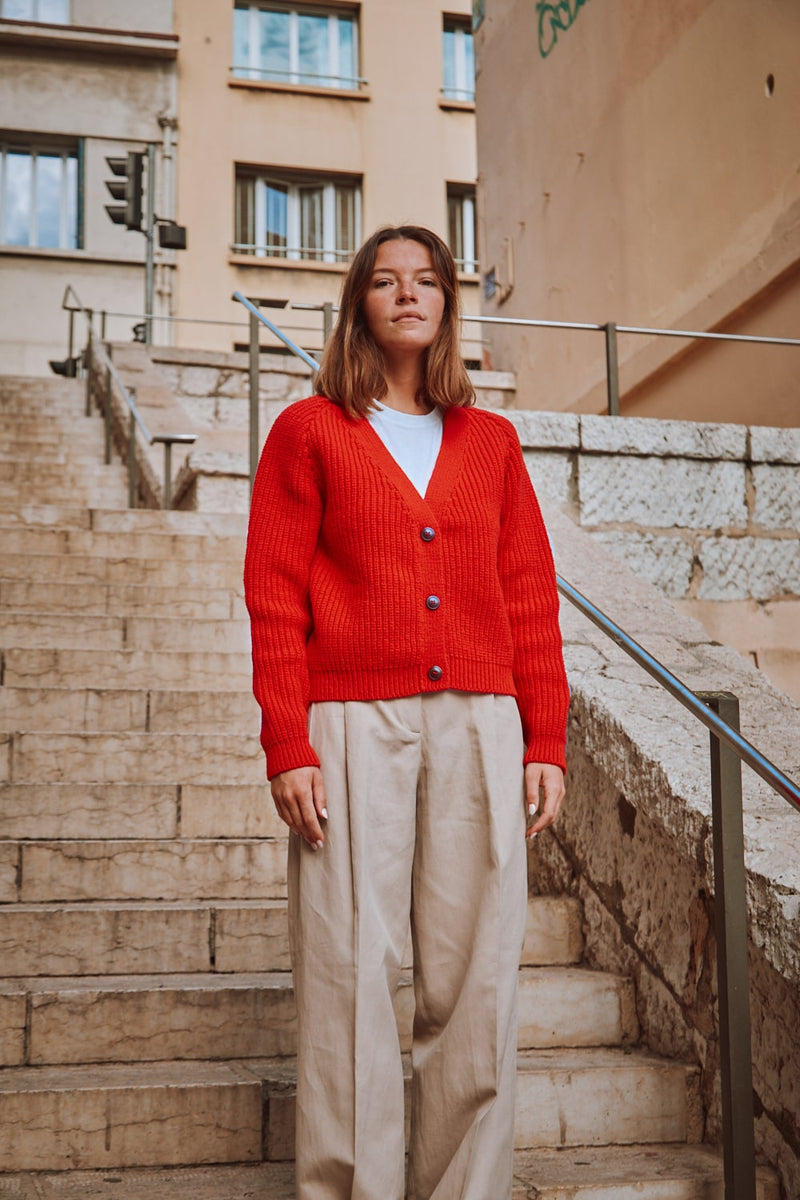 ANNA V-Neck Cardigan in Merino Wool - Red - Spanish Merino Wool Cardigan - L'Envers