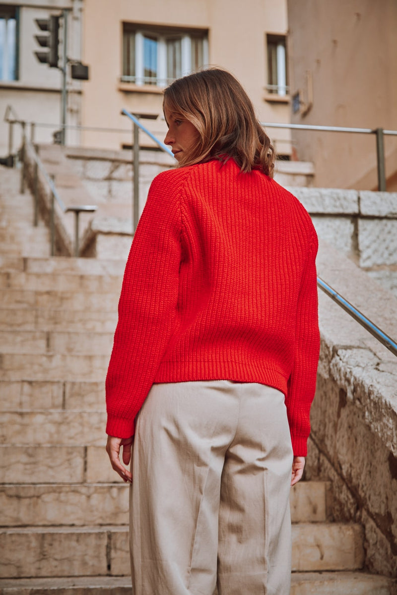 ANNA V-Neck Cardigan in Merino Wool - Red - Spanish Merino Wool Cardigan - L'Envers