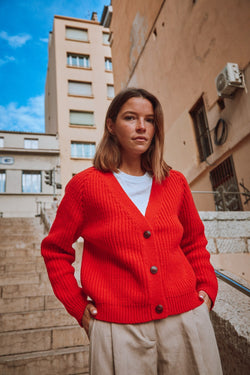 ANNA V-Neck Cardigan in Merino Wool - Red - Spanish Merino Wool Cardigan - L'Envers